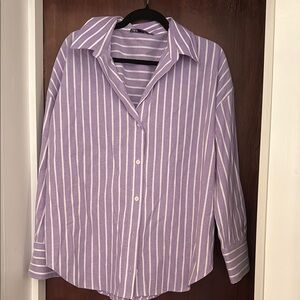 Zara Purple and White Striped Button Down Shirt
